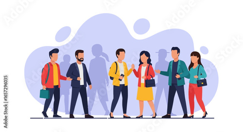 Diverse group of young adults walking and interacting, representing community, social connection, and contemporary lifestyle.