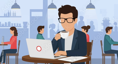 Man in glasses focused on his laptop, enjoying a coffee in a modern cafe. Ideal for concepts of remote work, freelancing, and digital nomad lifestyle.