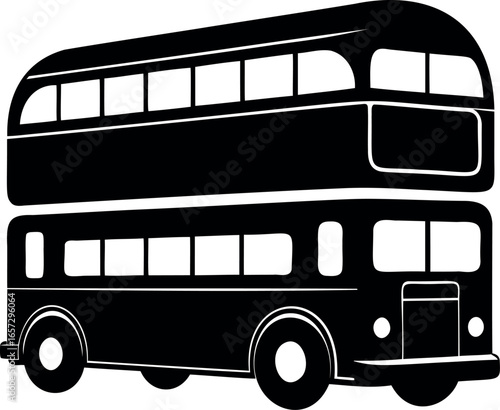 Black and white icon image of a classic double decker bus