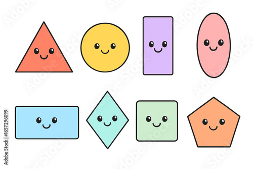 Cute geometric shapes with faces funny basic forms vector illustration