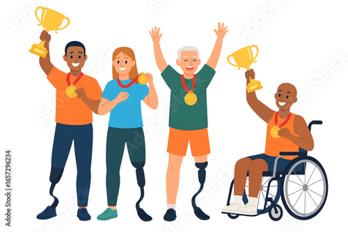 Happy paralympic athletes with medals and trophies wheelchair prosthesis vector illustration