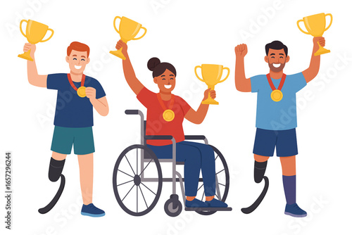 Happy paralympic athletes with medals and trophies wheelchair prosthesis vector illustration