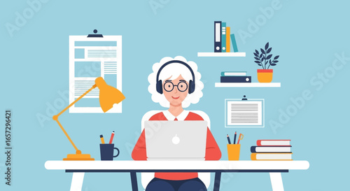 Happy senior woman in headphones working on laptop at a home office desk. Illustrates remote work, online learning, or technology for older adults.