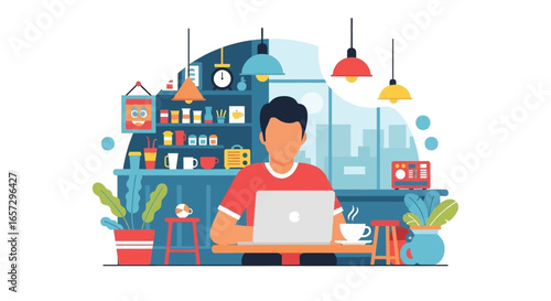 Focused person working remotely on laptop in a stylish cafe. Ideal for concepts of productivity, digital nomad lifestyle, and flexible work.