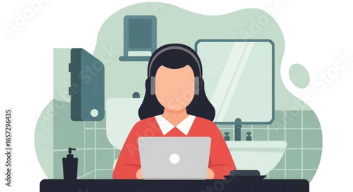 Person in headphones works on a laptop from an unconventional home office, highlighting remote work flexibility and adapting to new environments.