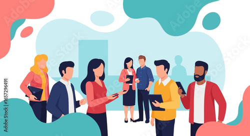 Diverse business professionals collaborate and communicate in a modern, dynamic setting, symbolizing teamwork, networking, and successful enterprise.