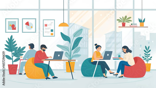 Diverse professionals collaborate and work flexibly in a modern, vibrant co-working space. Ideal for business, startup, and remote work concepts.