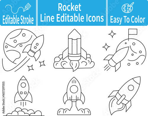 Rocket Line Editable Icons featuring planet flyby, launch plumes, moon flag, diagonal flight, and liftoff scenes for science, technology, and startup concepts
