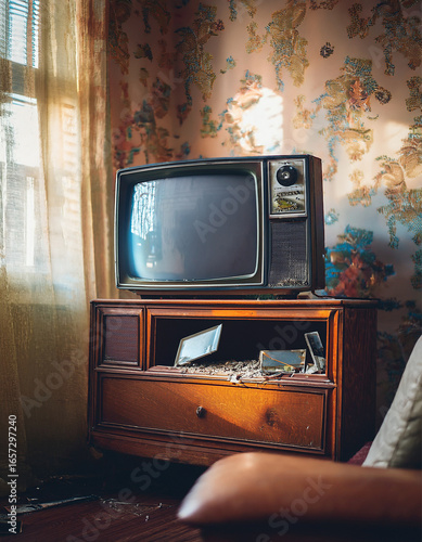 An abandoned 1980s living room with a broken old CRT television placed on a dusty wooden TV stand. The screen is cracked, wires hanging loosely. Dim golden light filters through torn curtains, highlig