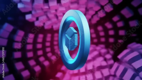 Abstract graphic with a light-blue ring encircling a 3D cube symbol