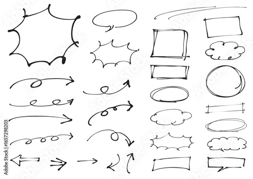 A set of simple hand-drawn frames, speech bubbles and arrows