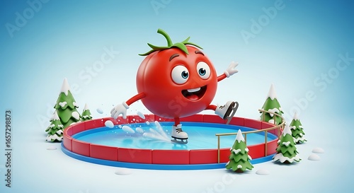 A cheerful cartoon tomato character enjoys ice skating on a frozen rink surrounded by snowy pine trees