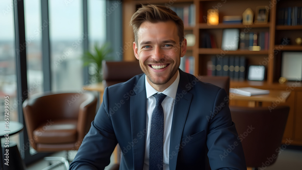 Fototapeta premium Confident young businessman smiling in modern office interior