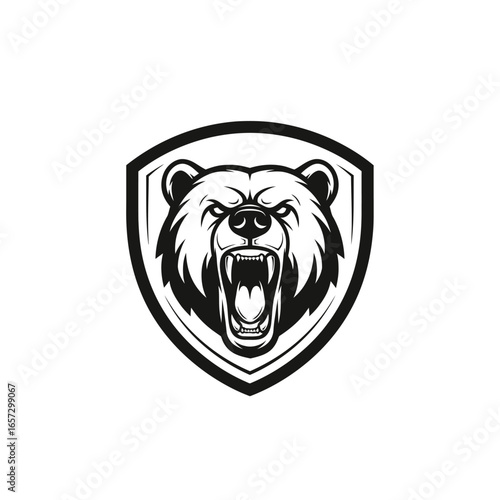 A snarling bear's head, fiercely depicted within a protective shield emblem.