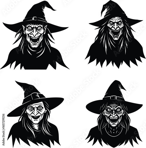 Halloween Scary Witch Silhouette Pack Creepy Ugly Hag Vector Black Set Transparent Background