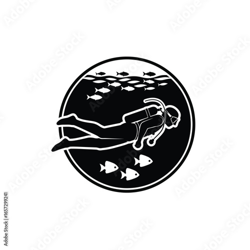 Silhouette of a scuba diver exploring underwater, surrounded by fish, within a circular frame.