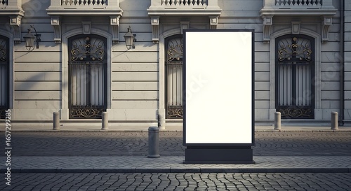 Blank billboard stands on cobblestone street in front of ornate building facade