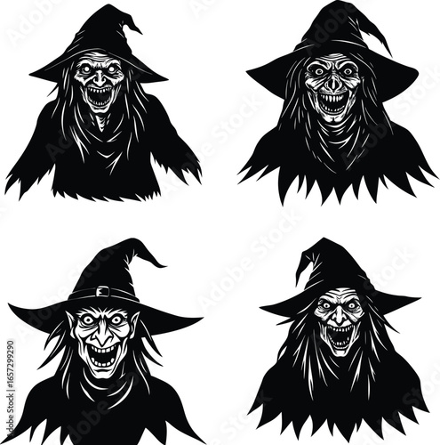 Black Witch Silhouette Vector Set of Halloween Creepy Ugly Hag Icons Transparent Background