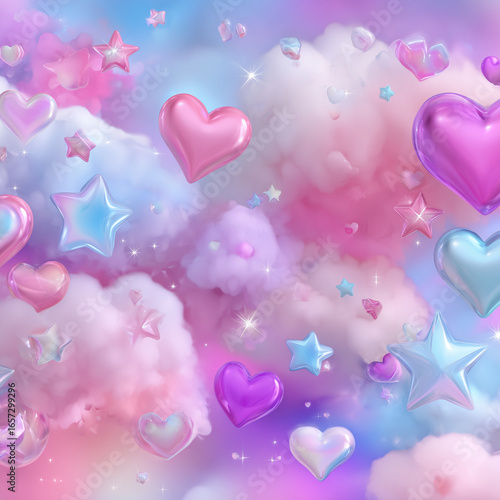 Playful seamless pattern of hearts, stars, clouds, and a rainbow in soft graphic style. Whimsical arrangement creates a cheerful, dreamy atmosphere with smooth shapes and minimal flat design