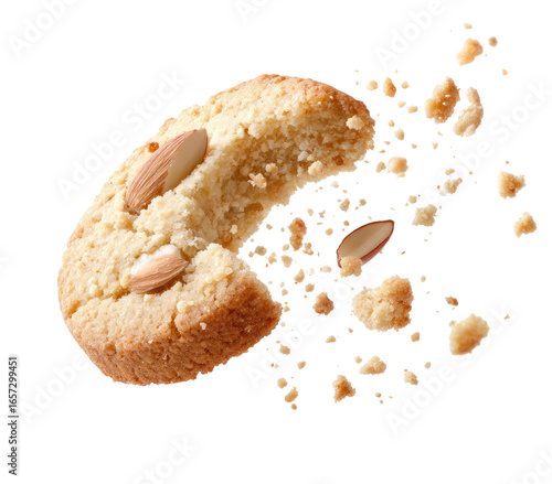A round, light-brown cookie, broken in half, with almond pieces visible.  Crumbs are scattered around the cookie