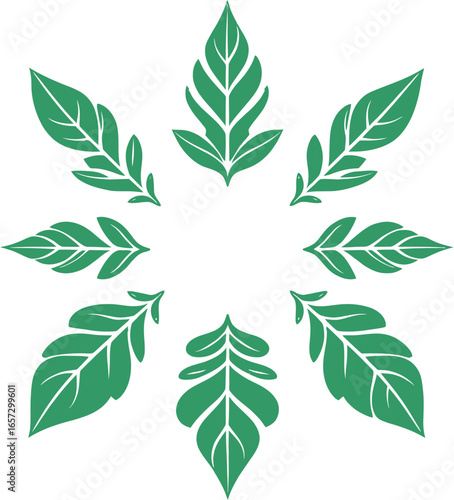 Green leaves in a circular pattern, perfect for naturethemed designs, ecofriendly concepts, or any project needing a natural touch.