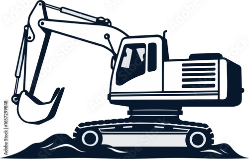 Schematic excavator digger on heap. Suitable for construction, heavy machinery, mining, engineering, industrial, and excavation concept designs.