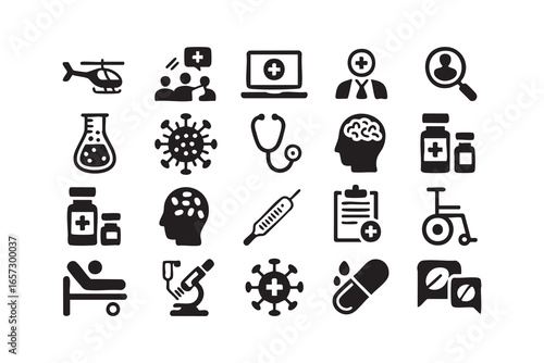 Complete Set of Healthcare Icons for Medicine, Emergency, and Medical Devices