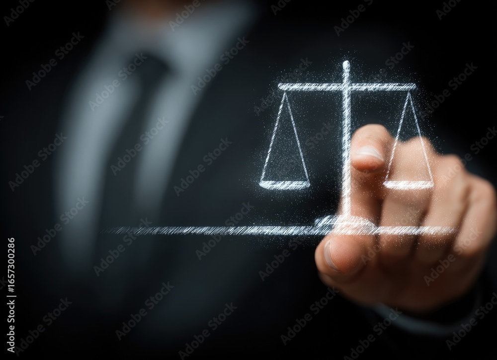 Fototapeta premium Hand points to justice scales