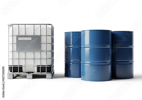 Industrial storage containers including a large tote and blue barrels