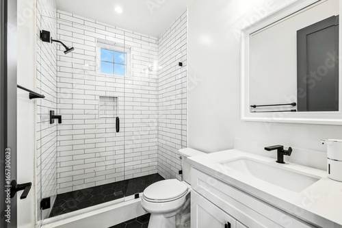 Wallpaper Mural Modern white bathroom with subway tiles and black fixtures. Torontodigital.ca