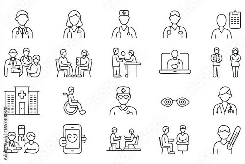 Black Line Icons Collection for Healthcare, Doctors, and Medical Equipment