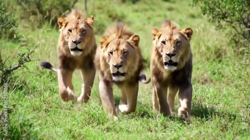 Lions walking through tall grass in a group with trees and bushes in background