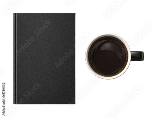 Flat lay of a black book and coffee cup