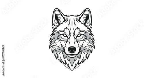 A symmetrical, black and white graphic illustration of a fierce wolf head with detailed fur and an intense stare.