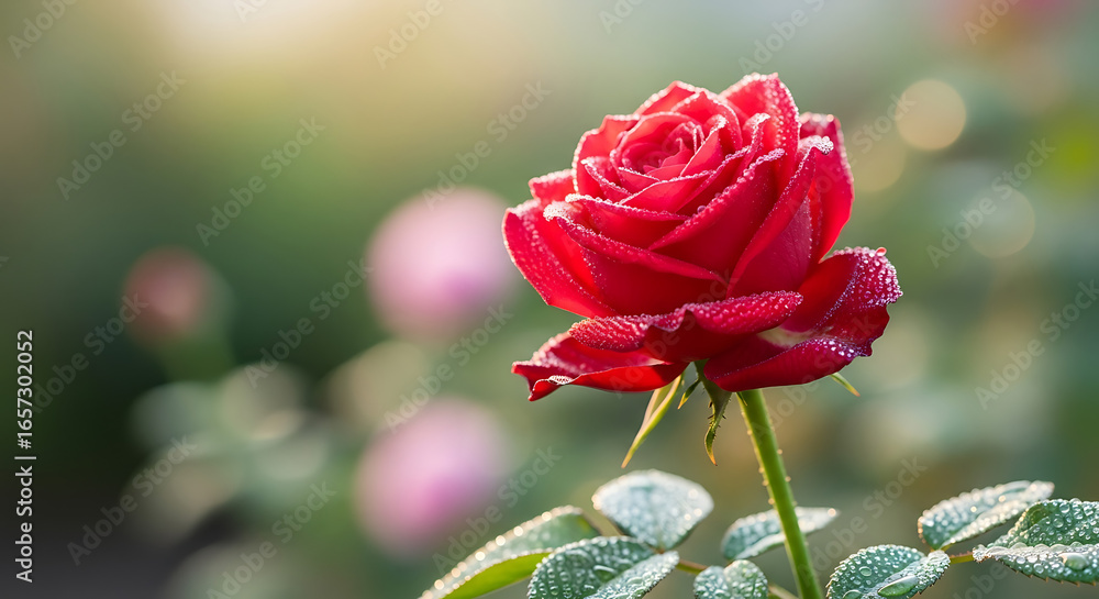 Obraz premium Close up of a vibrant red rose covered in water droplets with a soft green bokeh background in garden