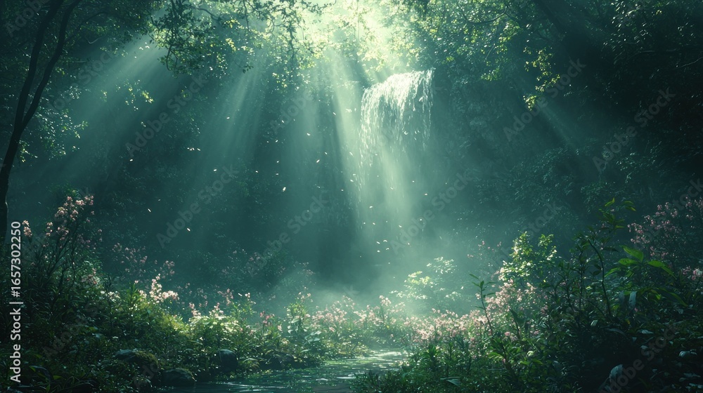 Obraz premium Lush, sunlit forest glade with waterfall