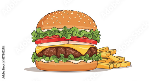 A detailed illustration of a classic cheeseburger with fresh toppings and a side of golden french fries.