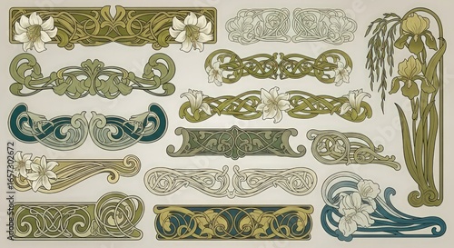 Art Nouveau Floral and Swirl Ornaments Collection, Vintage Decorative Design Elements