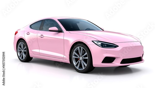 A modern, stylish, pink sports car is presented against a plain white background.