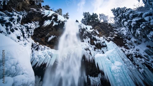 Wallpaper Mural Frozen waterfall cascades down a rocky cliff, adorned with snow and icy icicles Torontodigital.ca