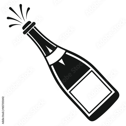Celebration with champagne bottle bursting open in black and white illustration 