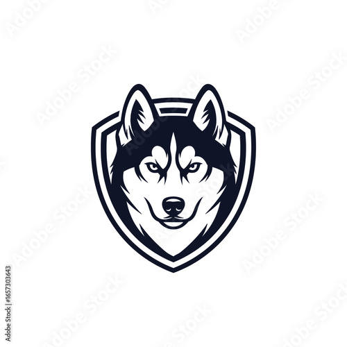 Powerful husky wolf mascot head logo design within a shield crest. Vector graphic illustration for sports team branding or esports emblem, isolated file.
