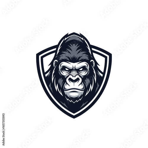 Gorilla head with intense gaze, set against a shield-shaped backdrop, depicted in a stylized, vector graphic.