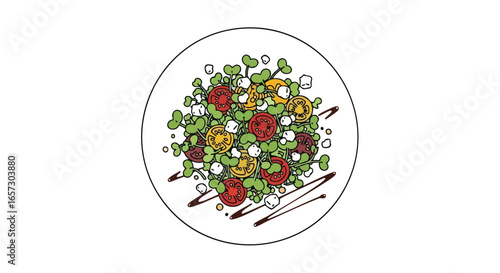 A top-down illustration of a fresh gourmet salad with microgreens, tomatoes, cheese, and a balsamic drizzle on a white plate.