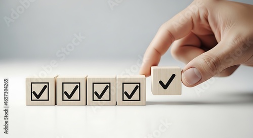 Hand putting wooden cube with check mark sign on the table isolated on white background