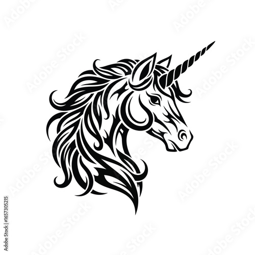 A stylized black and white illustration of a majestic unicorn head, detailed and artistic.