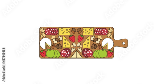 A flat vector illustration of a wooden charcuterie board with an assortment of cheese, salami, fruit, and nuts.