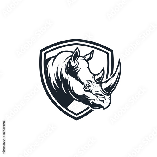 Powerful rhinoceros head emblem within a shield, featuring a strong and majestic rhino design. Ideal for sports teams, corporate branding, or wildlife conservation logos.