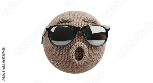 Funny knitted character wearing cool sunglasses with a surprised expression on an isolated transparent background
