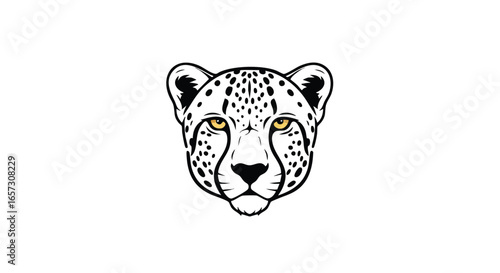 A stylized black and white illustration of a cheetah's head with yellow eyes, presented in a symmetrical, frontal view on a white background.